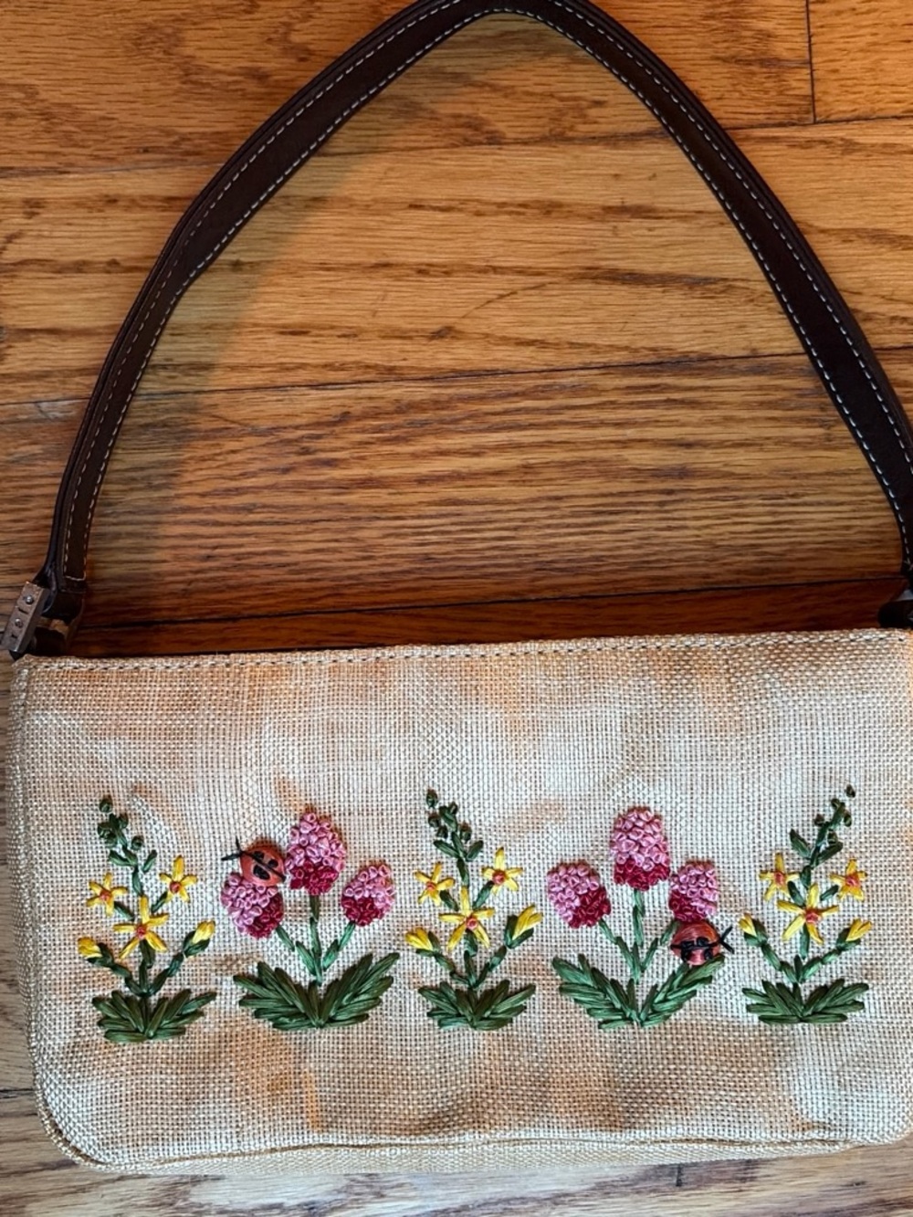Vintage Rafe New York purse with hand-embroidered floral and ladybug motifs
